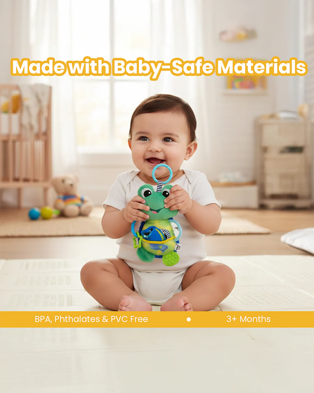 nuluv Activity Toad-Teether Rattle Toy-With Crinkle Sound & Fun Mirror for Self-recognition-Stroller Toy-3M+ - Image 5