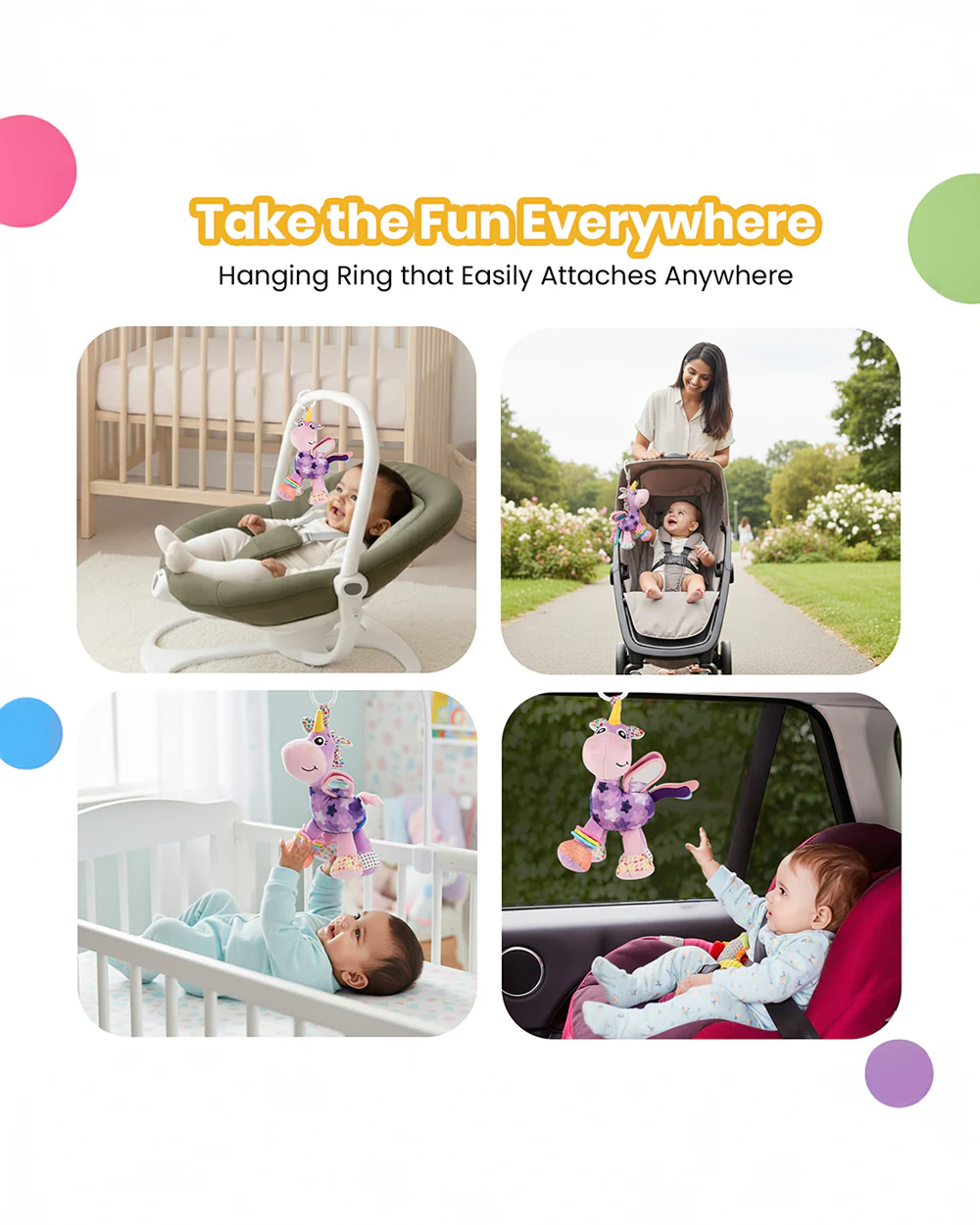 nuluv Activity Unicorn Rattle Toy with Crinkle Sound & Mirror-Easy Attachment with Stroller & Crib-For 3M+ - Image 6