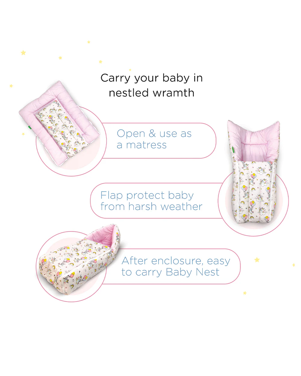 nuluv Baby Carrier Nest-100% Cotton With Antimicrobial & Hypoallergenic Filling-Unicorn-Newborn Bed - Image 8