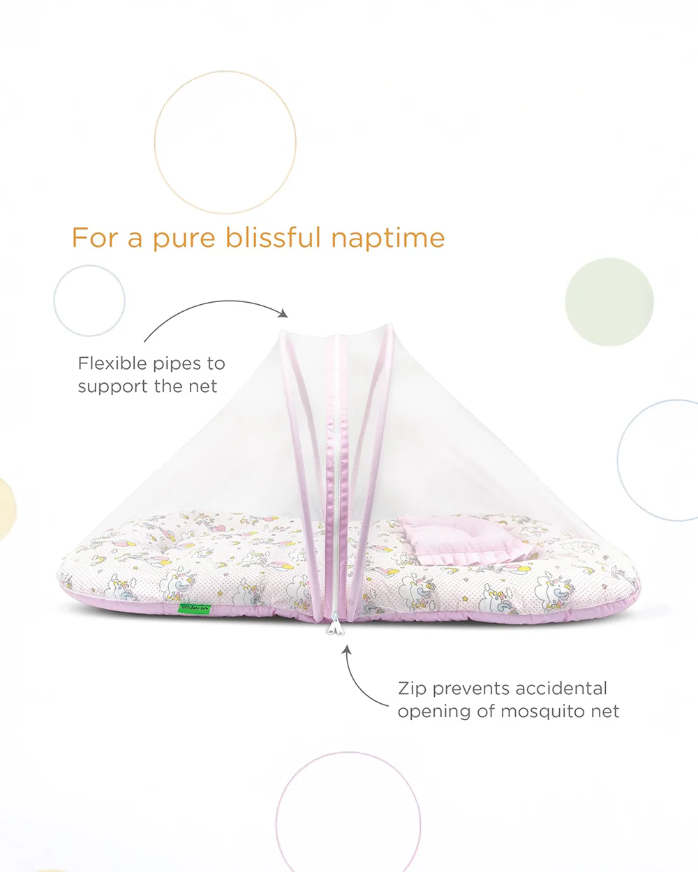 nuluv Baby Gadda Set With Mosquito Net & Pillow-100% Cotton With Antimicrobial & Hypoallergenic Filling-Unicorn-For Infants - Image 4