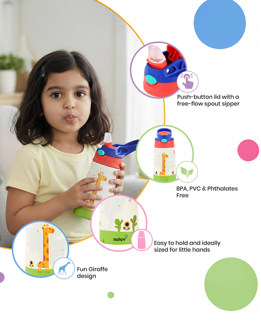 Nuluv Giraffe Spout Sipper-With Push Button Lid-BPA & PVC Free-300 ml - Image 2