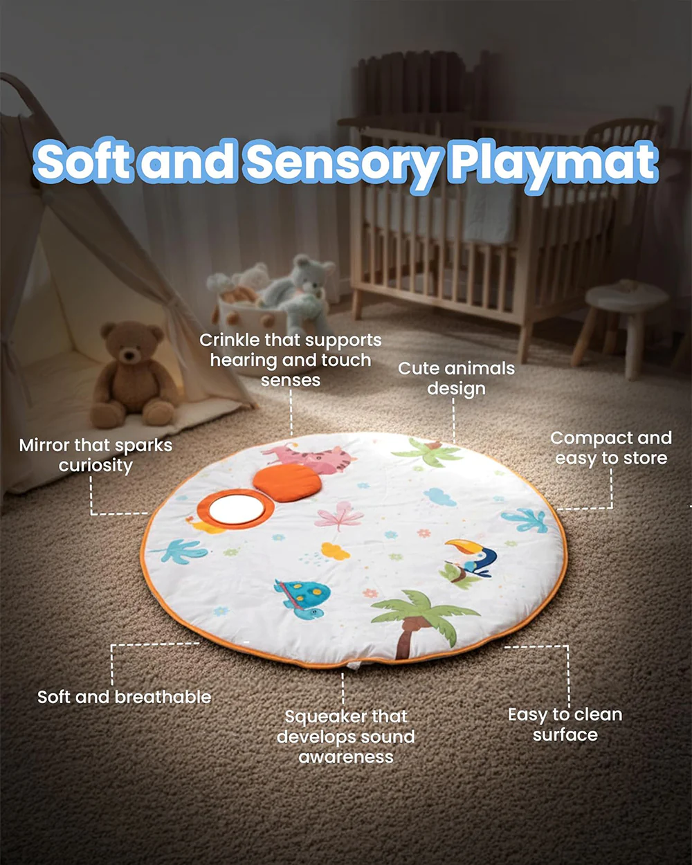 nuluv Jungle Jamboree Activity Playmat-With Mirror, Crinkle & Squeaker-Soft & Breathable-2M+ - Image 6