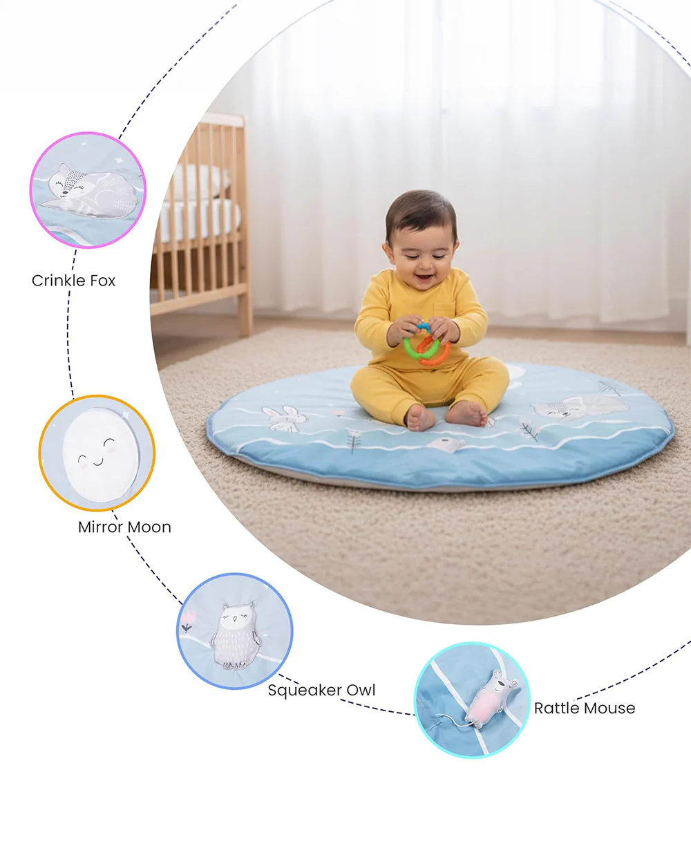 nuluv Moonlight Activity Playmat-With Mirror, Crinkle & Rattle-Soft & Breathable-2M+ - Image 4