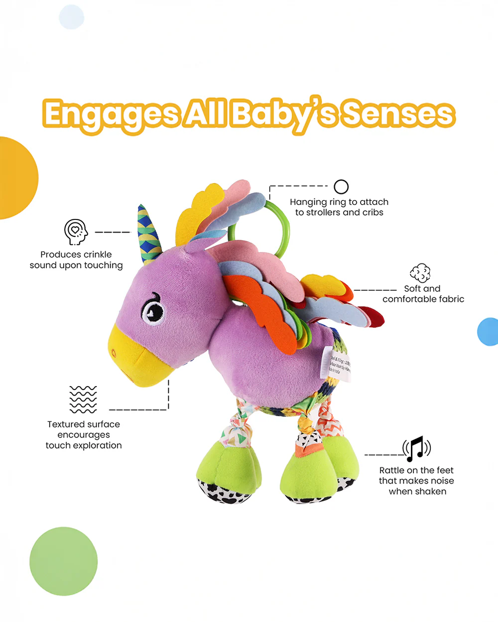 nuluv Sparkly Unicorn Rattle Toy with Crinkle Sound-Easy Attachment with Stroller & Crib-For 3M+ - Image 6