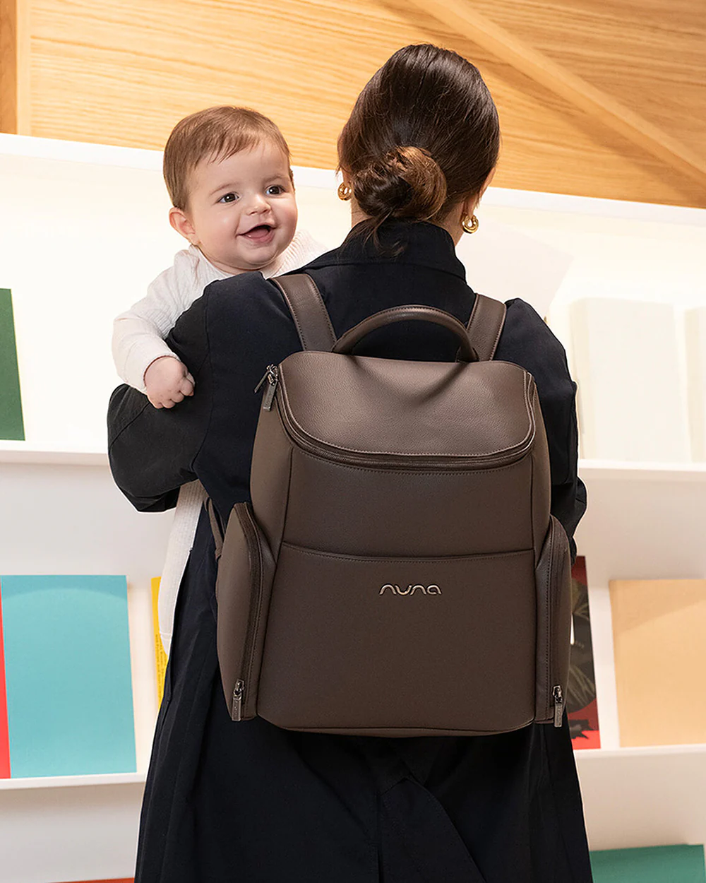 Nuna Essential Diaper Bag-Backpack-Changing Pad With Magnetic Closure-Removable Toiletry Pouch-Back Pocket Unzips Into Trolley Sleeve-Cocoa - Image 5