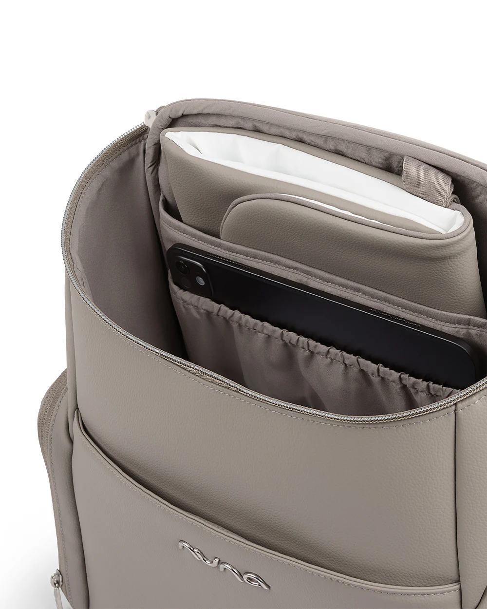 Nuna Essential Diaper Bag-Backpack-Changing Pad With Magnetic Closure-Removable Toiletry Pouch-Back Pocket Unzips Into Trolley Sleeve-Taupe - Image 7