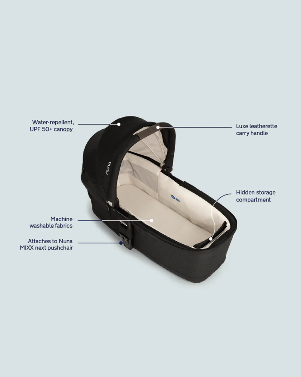 Nuna MIXX Next Carry Cot-Protective UPF 50+ Canopy-Compact Flat Fold-Non Slip Feet-For 0M+ (Upto 9 Kg)-Caviar - Image 8