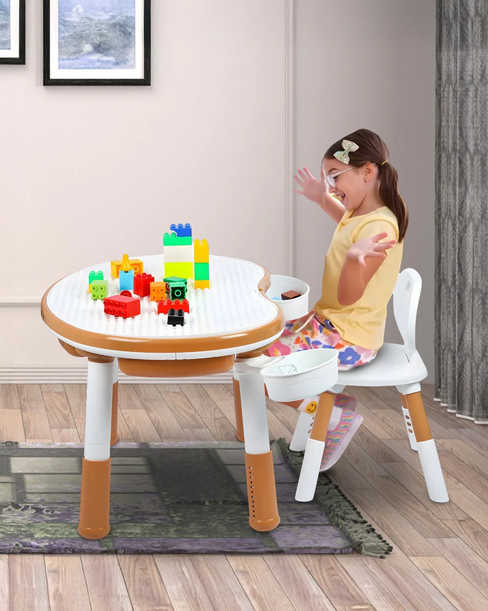 Oplus Block Cum Sensory Activity Table With Chair-Brown-3 Adjustable Height Levels With Built in Storage Box-12m+ - Image 6