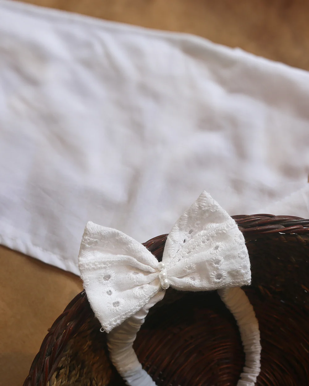 Picksparrow White Hakoba Bow with Beads Headband-Solid-Cotton-For Infants - Image 3