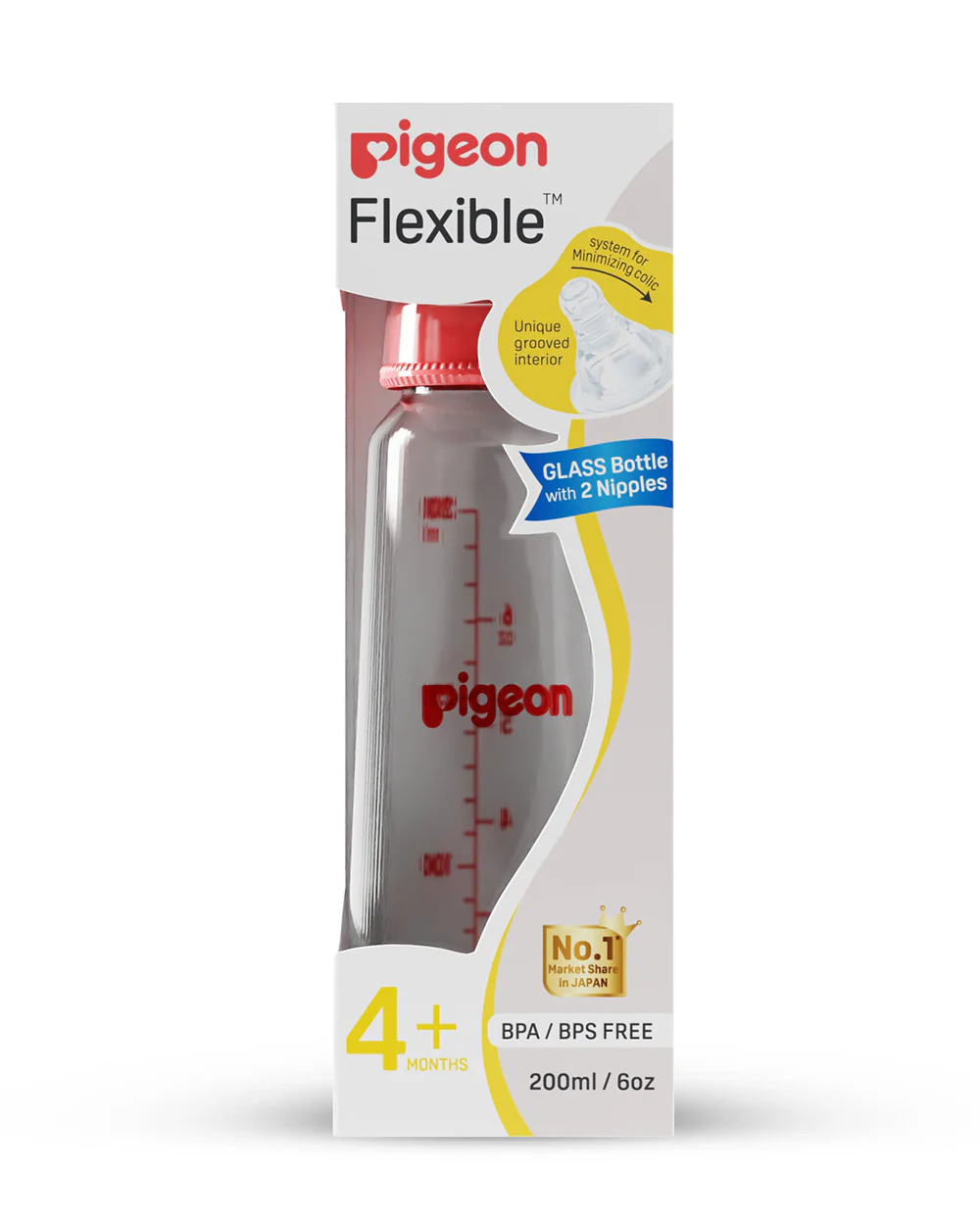 Pigeon Narrow Neck Glass Feeding Bottle-Anti Colic-200 ml-Medium Size Nipple-Red-4M+ - Image 3