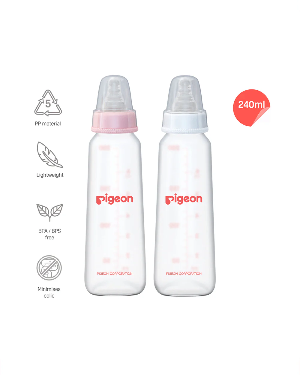 Pigeon Peristaltic Narrow Neck Feeding Bottle-Anti Colic-Adjustable Flow-240 ml-Large Size Nipple-Pack Of 2-Pink & White-9M+