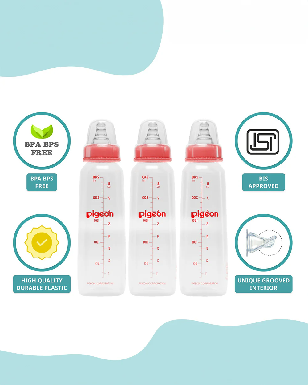 Pigeon Peristaltic Narrow Neck Feeding Bottle-Anti Colic-Adjustable Flow-240 ml-Large Size Nipple-Pack Of 3-Red-9M+ - Image 2