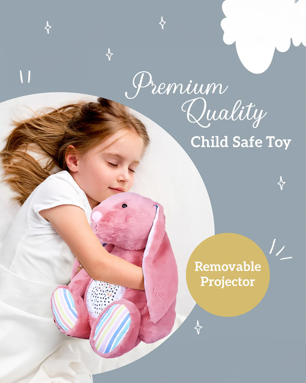 Pinokio Dreamy Light Projector-Washable Bunny Plush Soft Toy with Soothing Night Light, Star Projection-10 Melodies & Volume Control-Safe & Durable-Musical Toy-Pink - Image 7