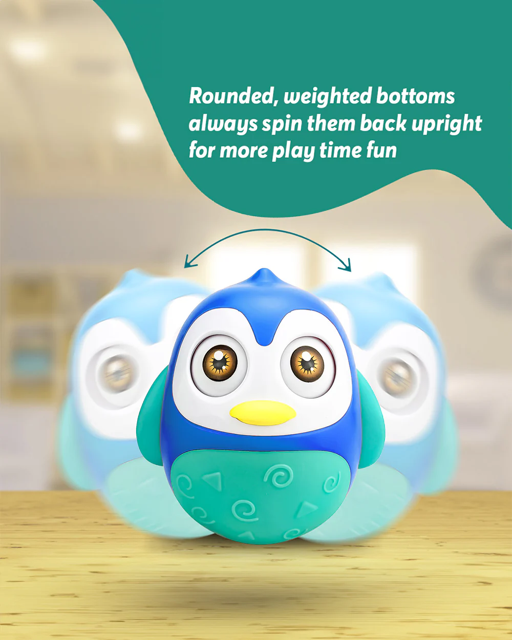 Pinokio Roly Poly Blinky-Interactive Penguin Wobbler-Blinking Eyes & Soothing Sounds-Musical Toy-Blue/Cyan - Image 2