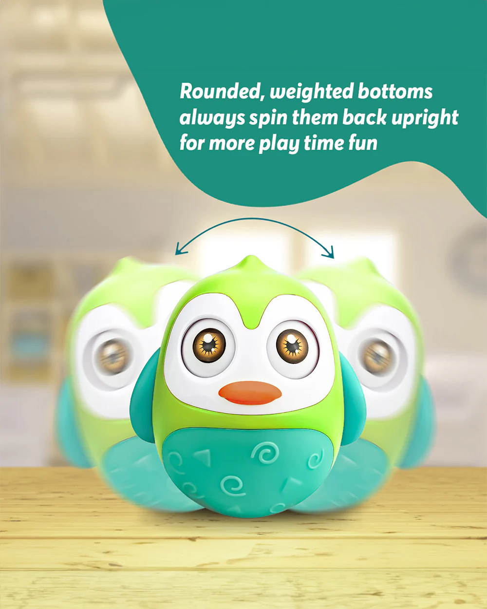 Pinokio Roly Poly Blinky-Interactive Penguin Wobbler-Blinking Eyes & Soothing Sounds-Musical Toy-Green/Cyan - Image 2