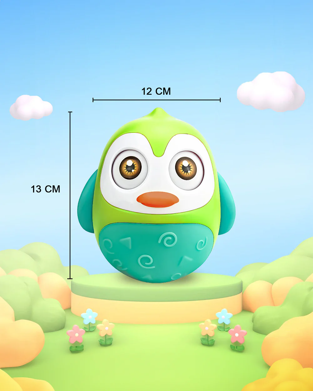 Pinokio Roly Poly Blinky-Interactive Penguin Wobbler-Blinking Eyes & Soothing Sounds-Musical Toy-Green/Cyan - Image 3