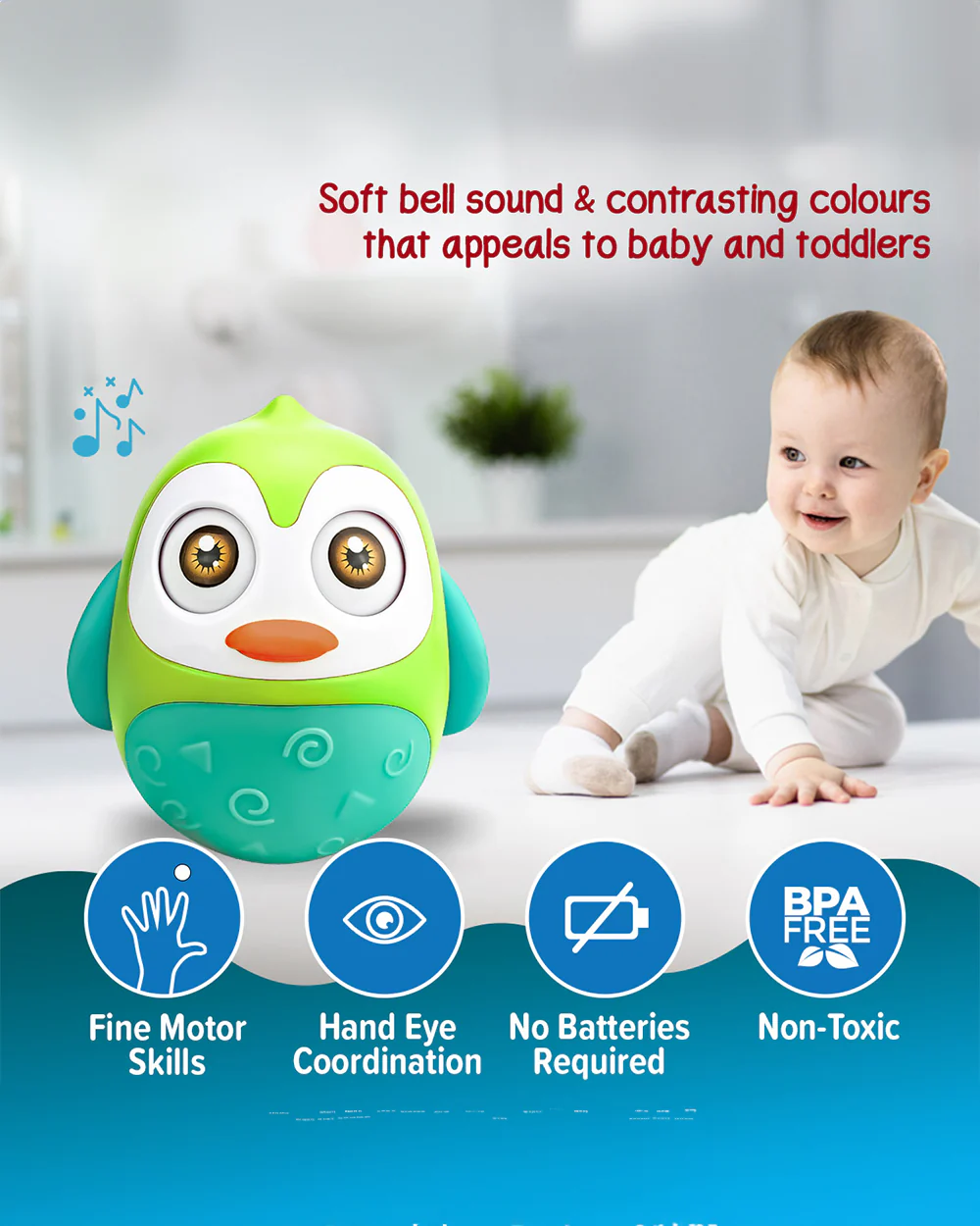 Pinokio Roly Poly Blinky-Interactive Penguin Wobbler-Blinking Eyes & Soothing Sounds-Musical Toy-Green/Cyan - Image 4