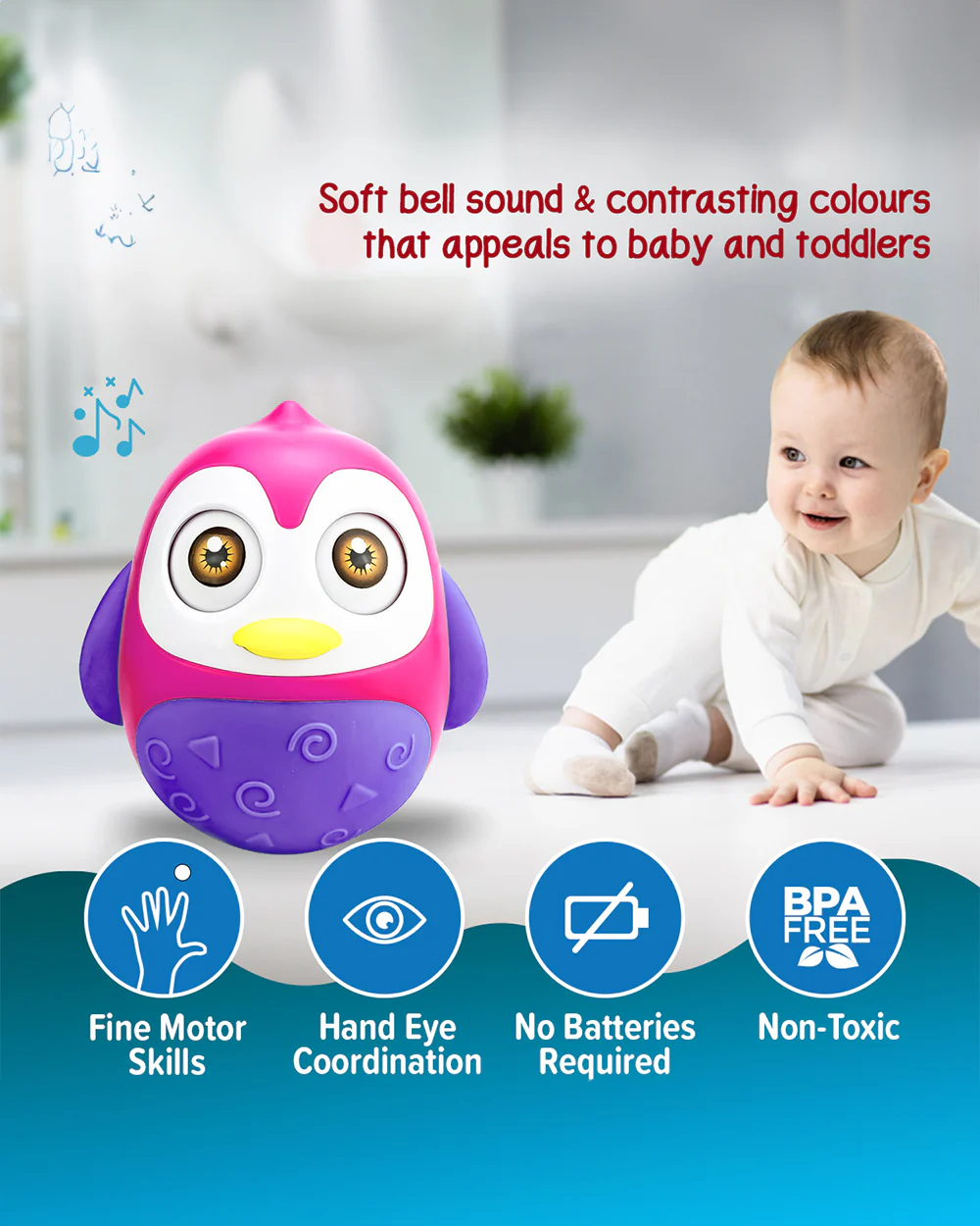 Pinokio Roly Poly Blinky-Interactive Penguin Wobbler-Blinking Eyes & Soothing Sounds-Musical Toy-Pink/Purple - Image 4
