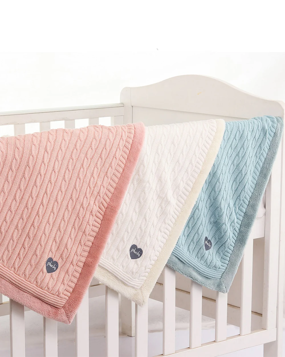 Pluchi Cable Knit Knitted Baby Blanket-Combed Cotton Blanket with Faux Fur Back-Light Blue-For Infants - Image 3
