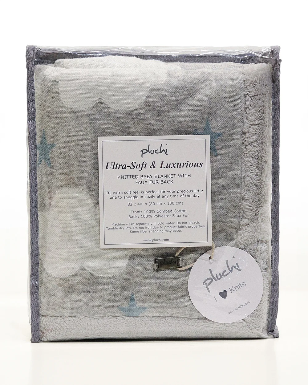Pluchi Cloud & Stars Knitted Baby Blanket-Combed Cotton Blanket with Faux Fur Back-Pastel Green-For Infants - Image 3