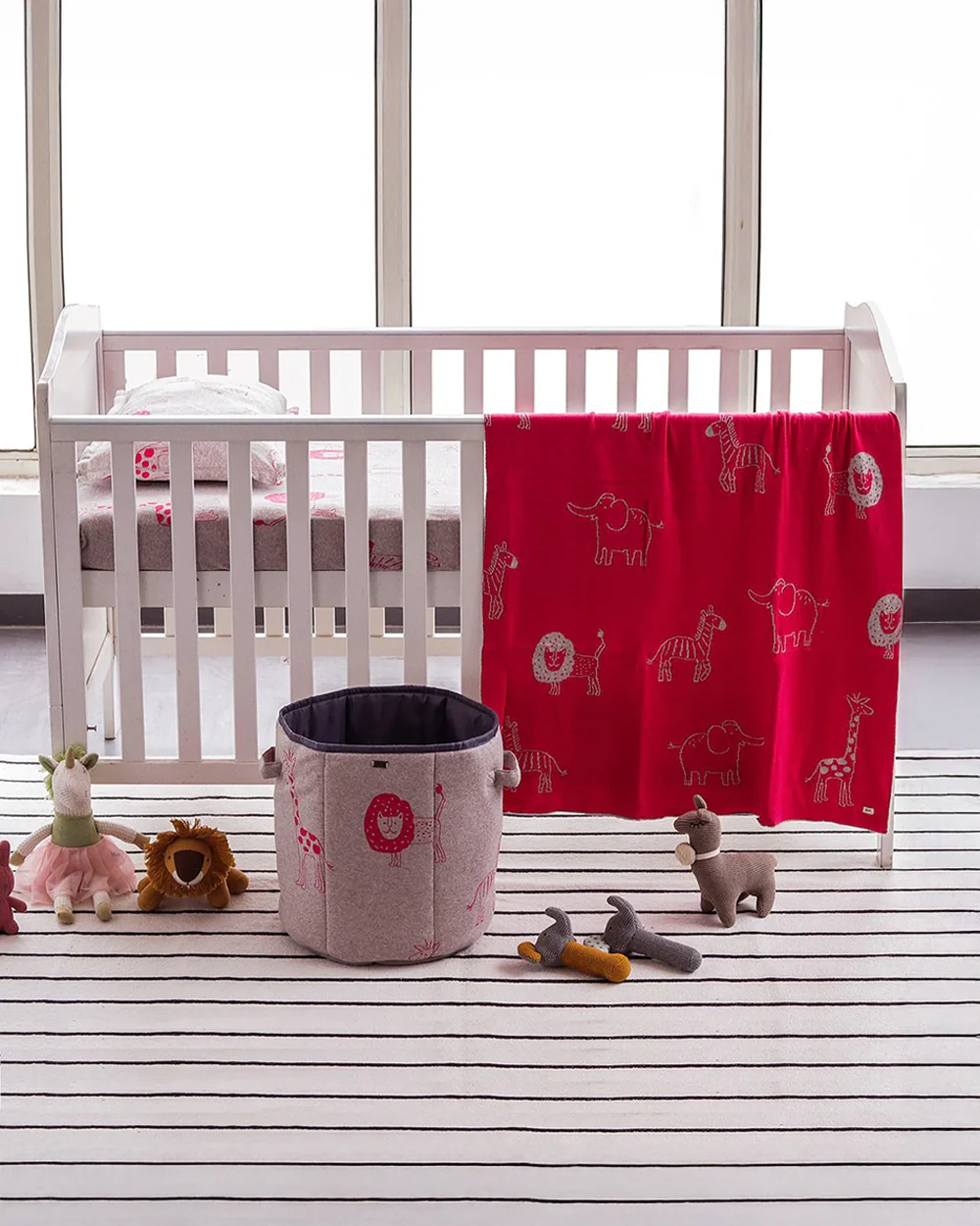 Pluchi Fitted Cot Bedsheet & Pillow Set-Knitted Cotton-Jungle Safari-Grey & Pink-For Infants - Image 3