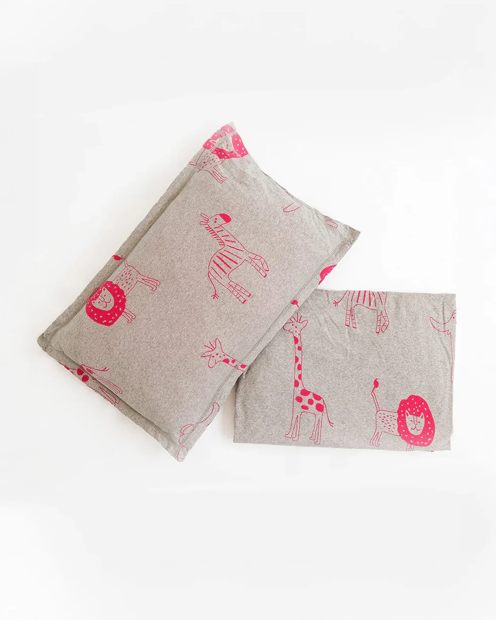 Pluchi Fitted Cot Bedsheet & Pillow Set-Knitted Cotton-Jungle Safari-Grey & Pink-For Infants - Image 5
