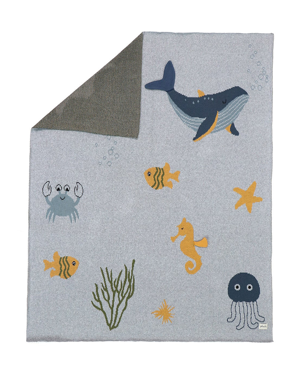 Pluchi Wonders of the Sea Knitted Baby Blanket-100% Cotton-Light Grey-For Infants - Image 2