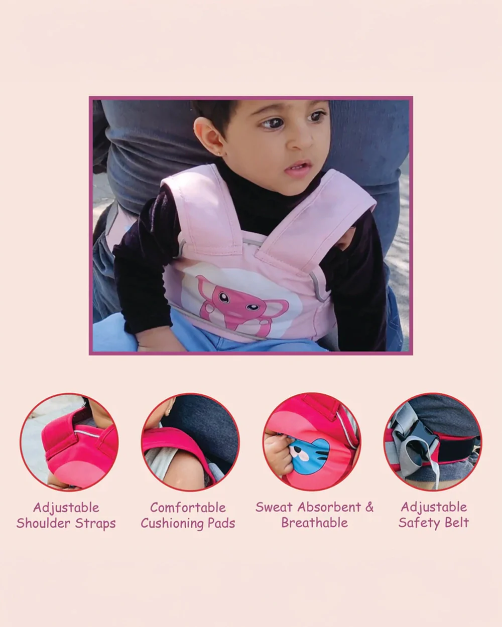 Polka Tots Baby Safety Travel Belt-3 Point Adjustable Strap-2 Way Carry Positions-For 1.5Y to 4Y (Upto 15kg)-Elephant - Image 6