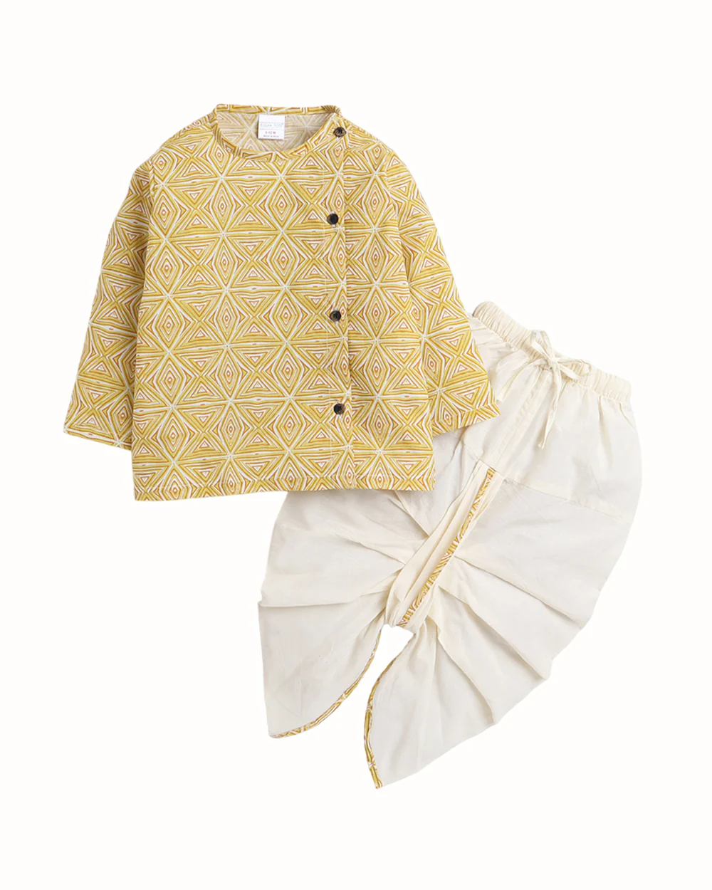 Polka Tots Beige Angrakha Dhoti Set-Geometric Print-Cotton-For Infants