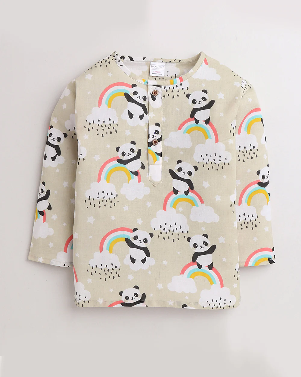 Polka Tots Beige Kurta Pajama Set-Panda Print-Cotton-For Infants - Image 2