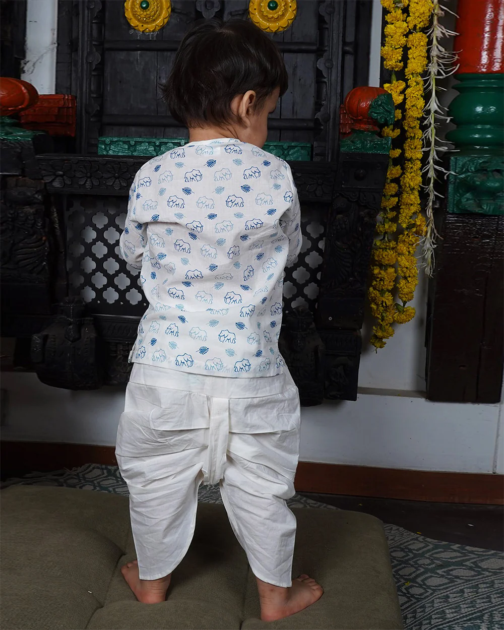 Polka Tots Blue Angrakha Dhoti Set-Elephant Print-Cotton-For Infants - Image 2