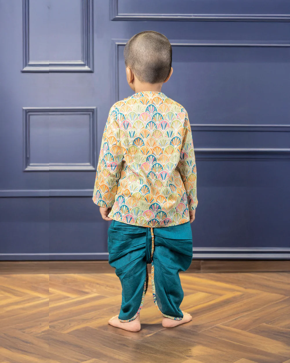 Polka Tots Blue Angrakha Dhoti Set-Floral Print-Cotton-For Infants - Image 2