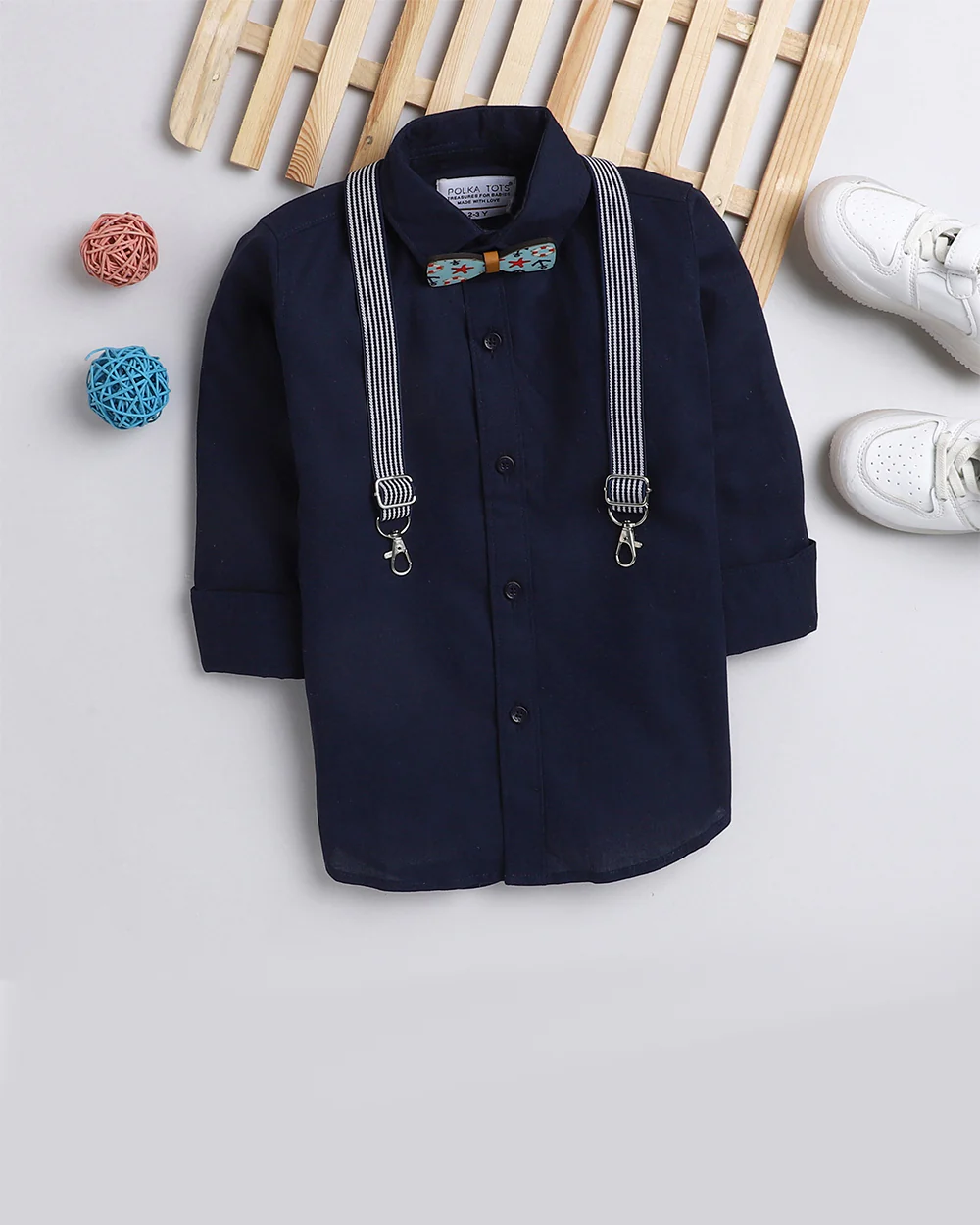 Polka Tots Blue Shirt with Bow Tie & Suspender-Solid-Cotton-For Infants - Image 3
