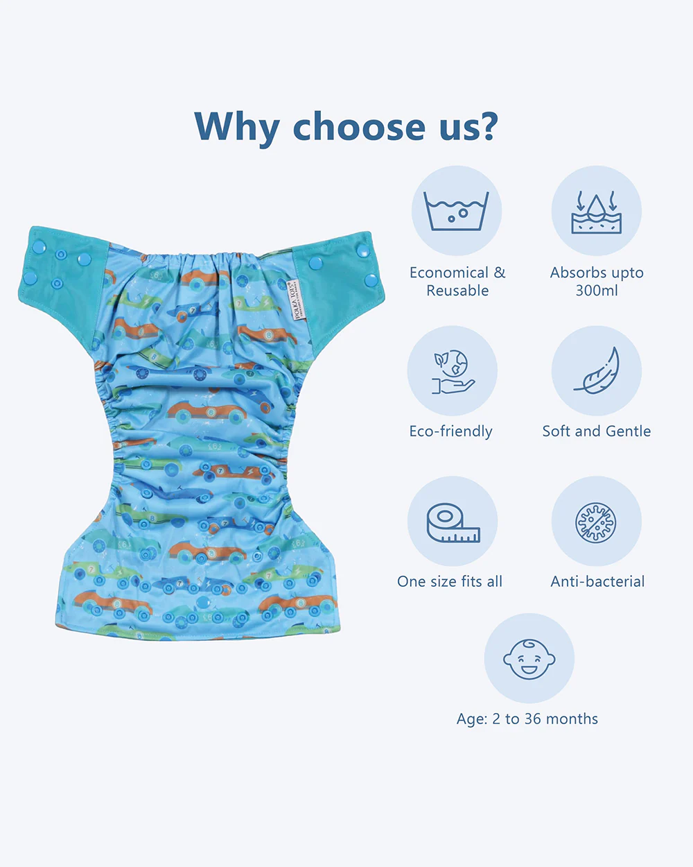 Polka Tots Car Bamboo Charcoal Cloth Diaper-Padded Underwear With Insert-Washable & Reusable-2 to 24M - Image 4