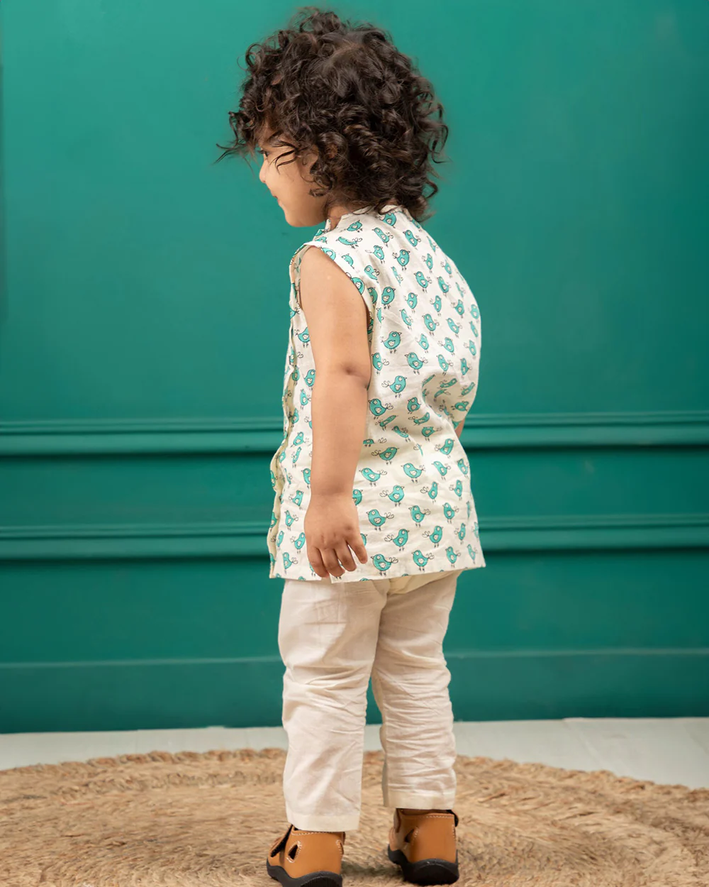 Polka Tots Cream & Sea Blue Jhabla Set-Cotton-Bird Print-For Infants - Image 4