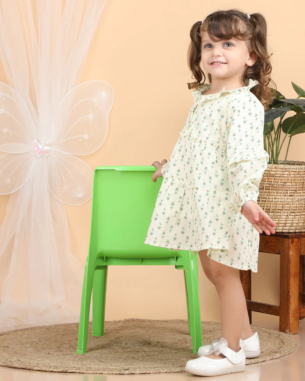 Polka Tots Cream-Frock Dress-Floral Print-Cotton Muslin-For Infants - Image 3