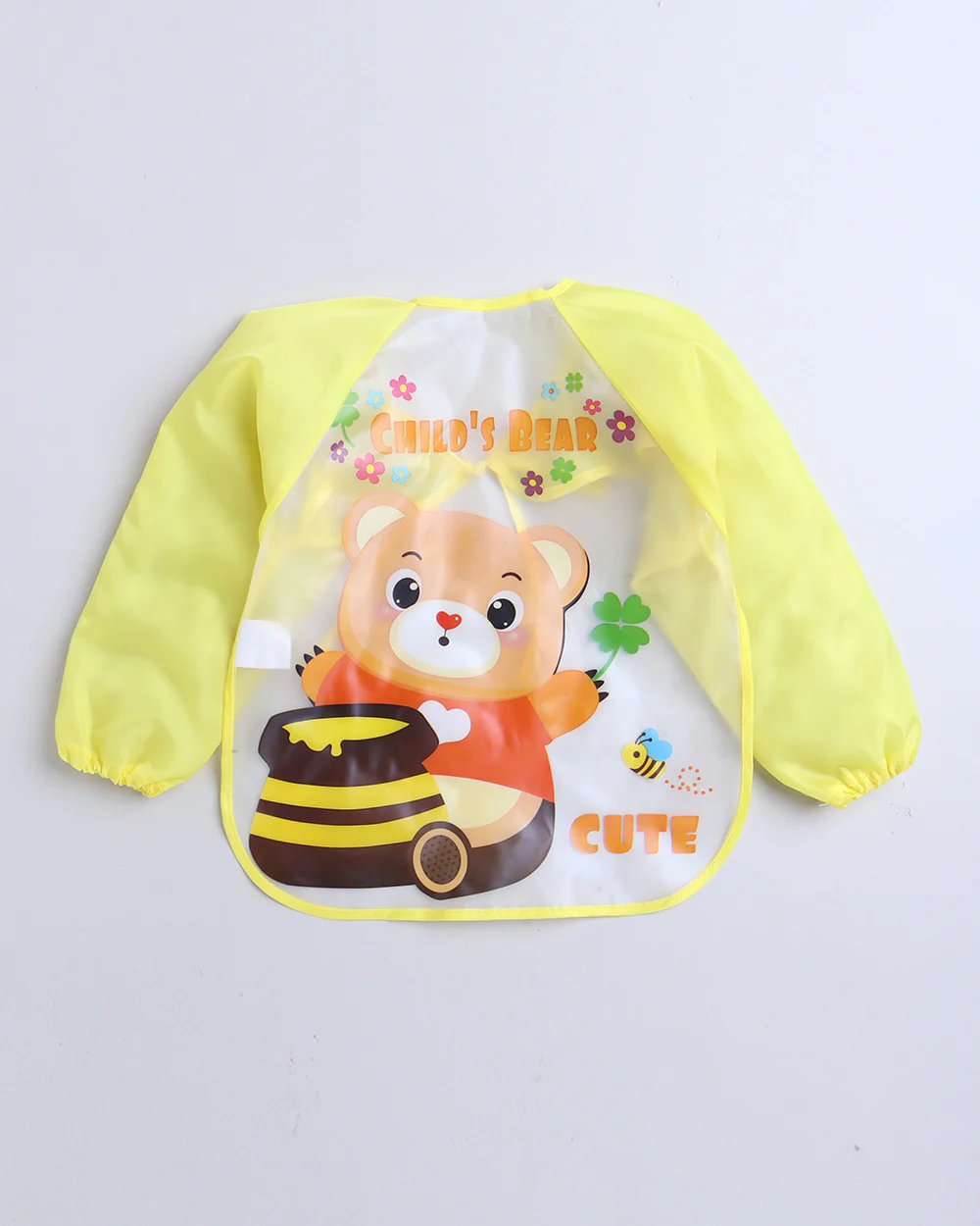Polka Tots Cute Bear-Full Sleeves Waterproof Washable Apron Feeding Bib-Adjustable Neck-For Infants