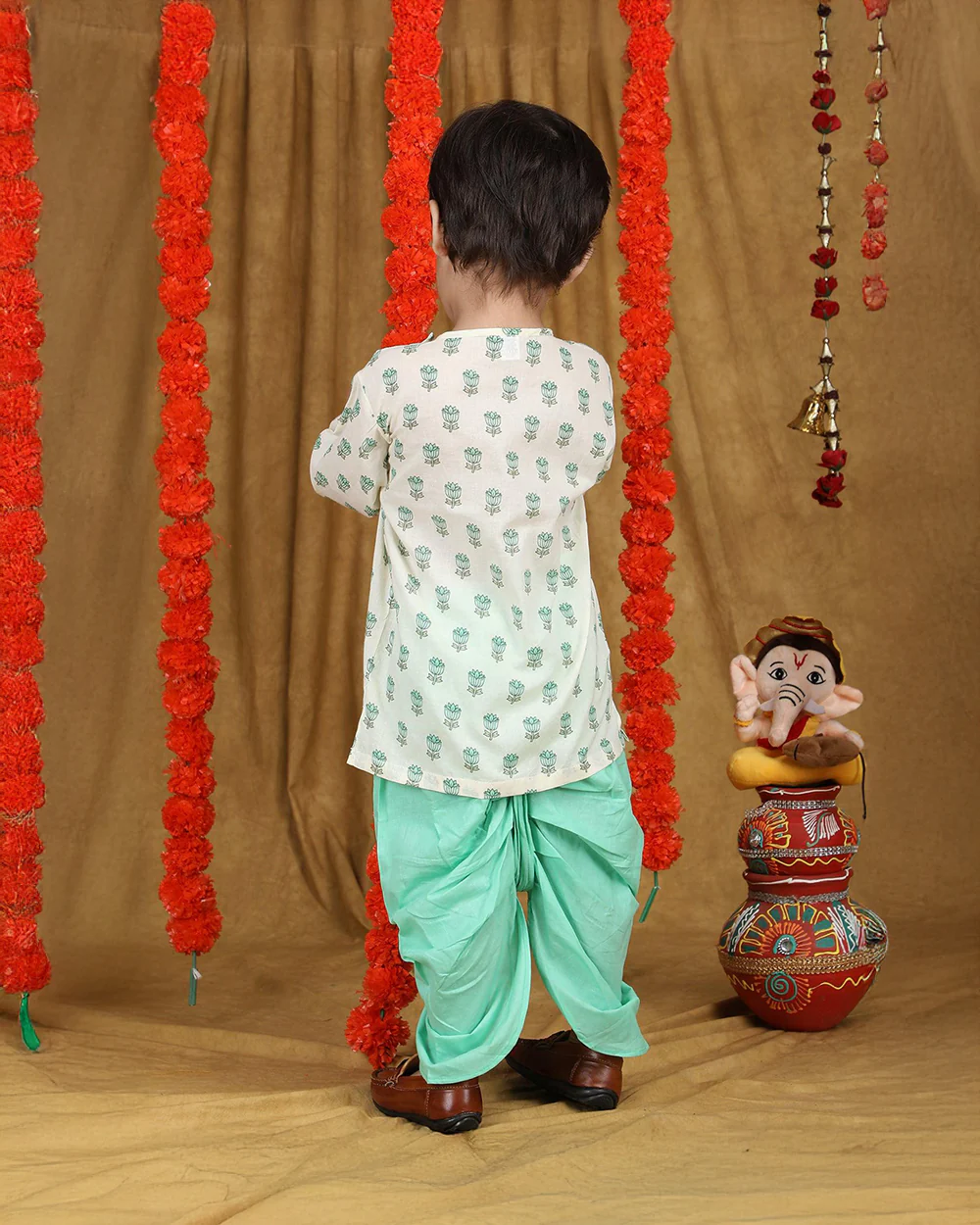 Polka Tots Cyan Green Angrakha Dhoti Set-Cotton-Floral Print-For Infants - Image 2