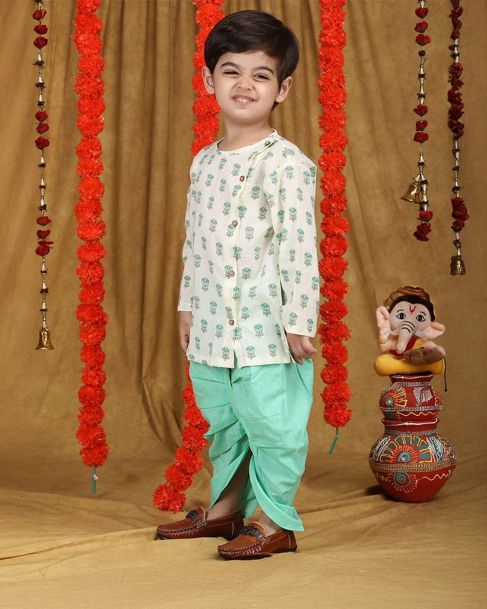 Polka Tots Cyan Green Angrakha Dhoti Set-Cotton-Floral Print-For Infants - Image 3
