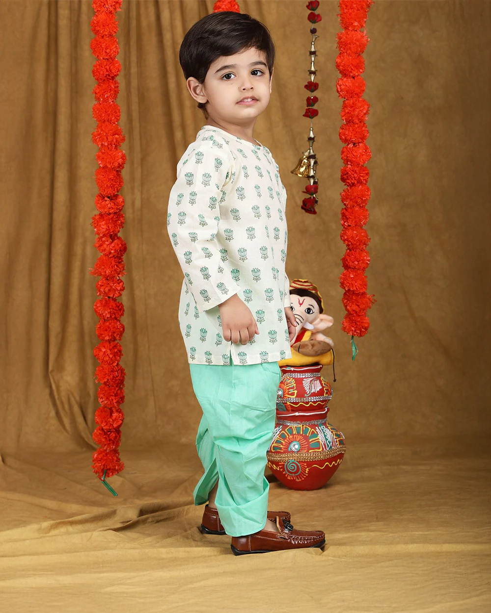Polka Tots Cyan Green Angrakha Dhoti Set-Cotton-Floral Print-For Infants - Image 4