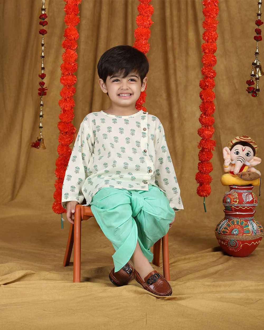 Polka Tots Cyan Green Angrakha Dhoti Set-Cotton-Floral Print-For Infants - Image 8
