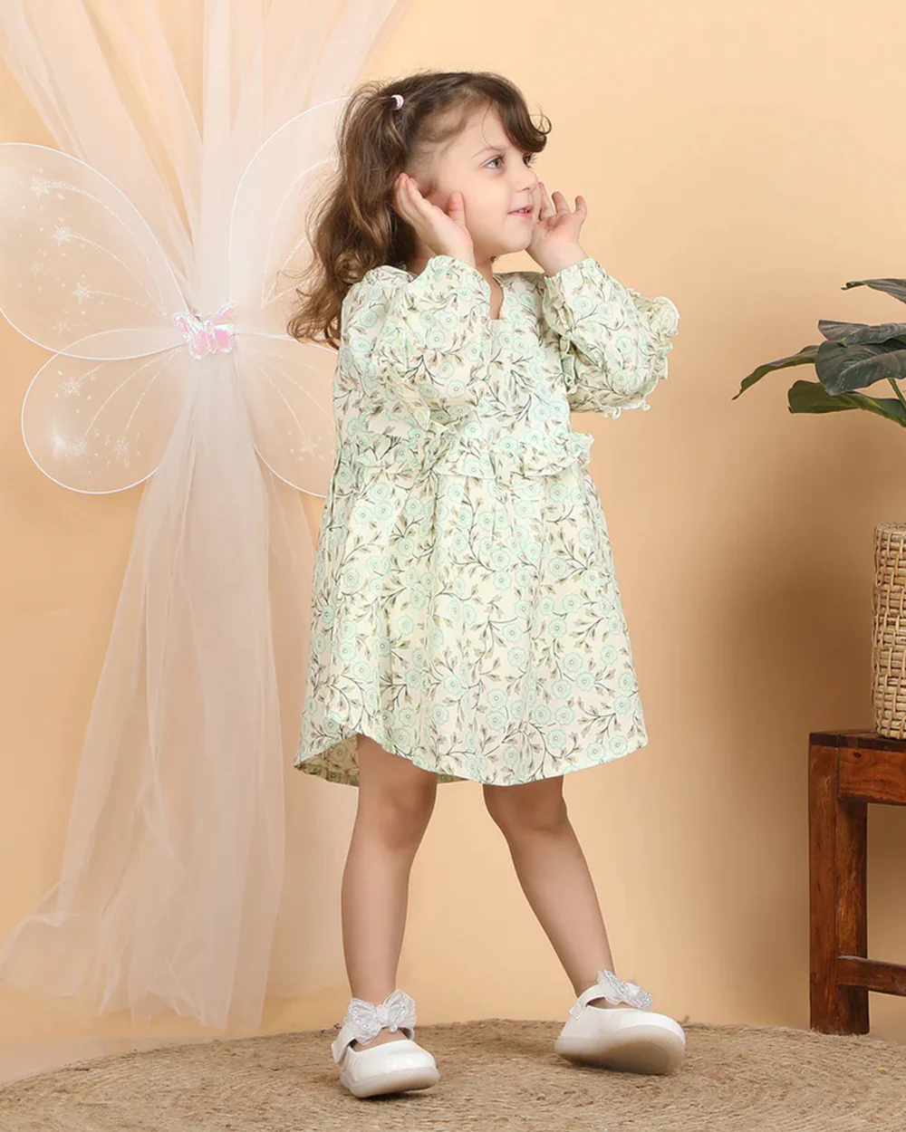 Polka Tots Cyan Green Frock Dress-Cotton Muslin-Floral Print-For Infants - Image 3