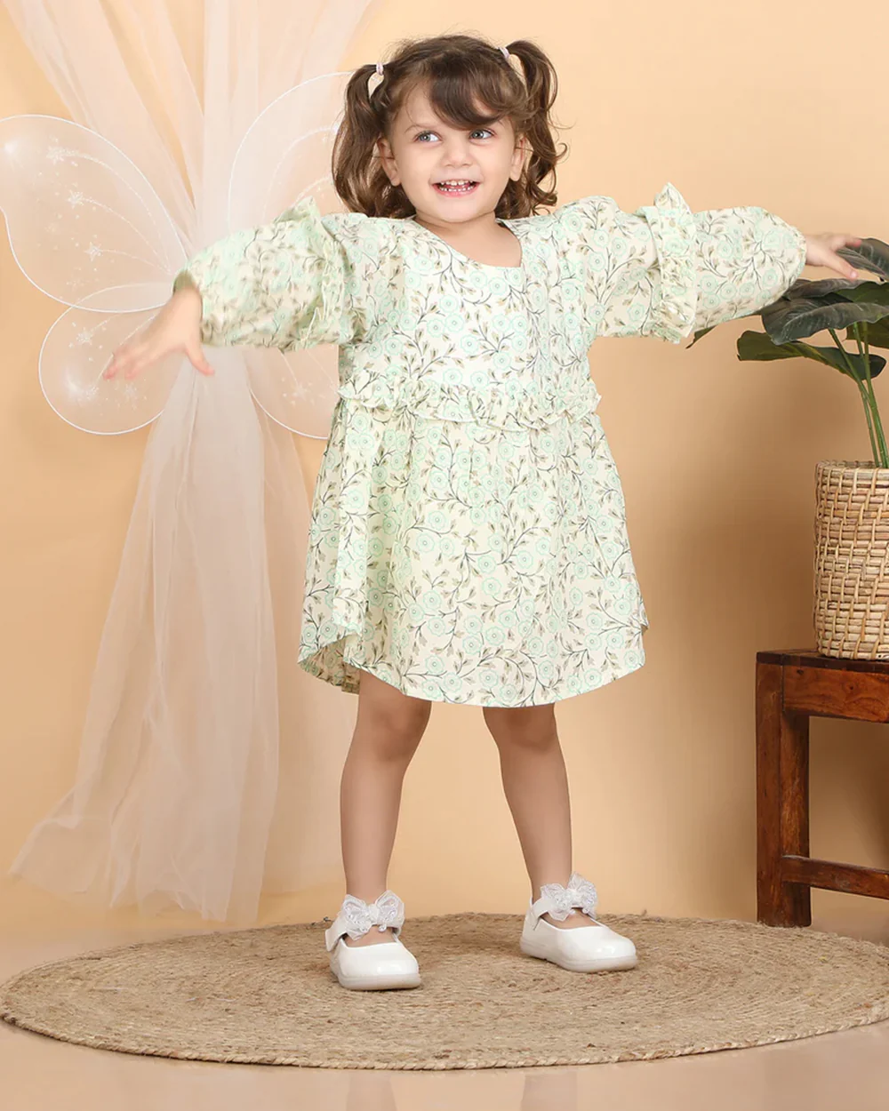 Polka Tots Cyan Green Frock Dress-Cotton Muslin-Floral Print-For Infants - Image 4