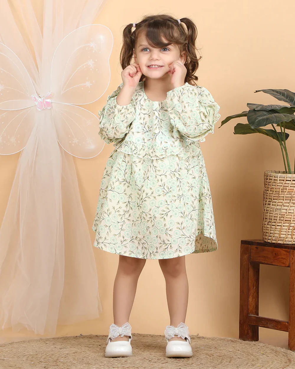 Polka Tots Cyan Green Frock Dress-Cotton Muslin-Floral Print-For Infants - Image 5