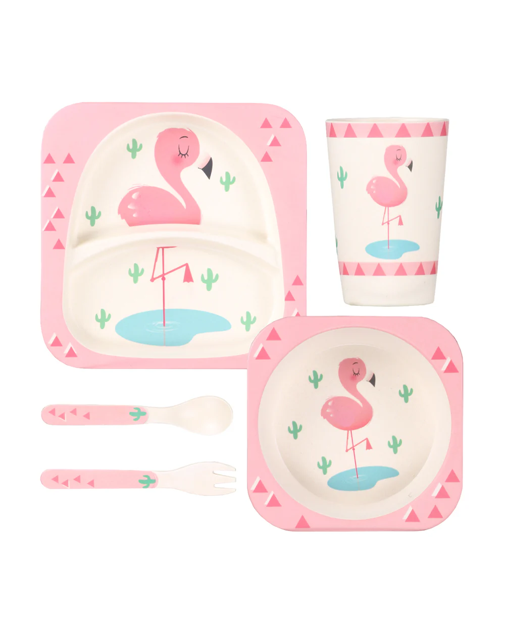 Polka Tots Eco-Friendly Bamboo Fiber Meal Set-Flamingo-Set of 5-For Feeding Infants