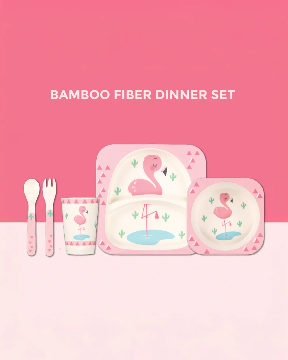 Polka Tots Eco-Friendly Bamboo Fiber Meal Set-Flamingo-Set of 5-For Feeding Infants - Image 2