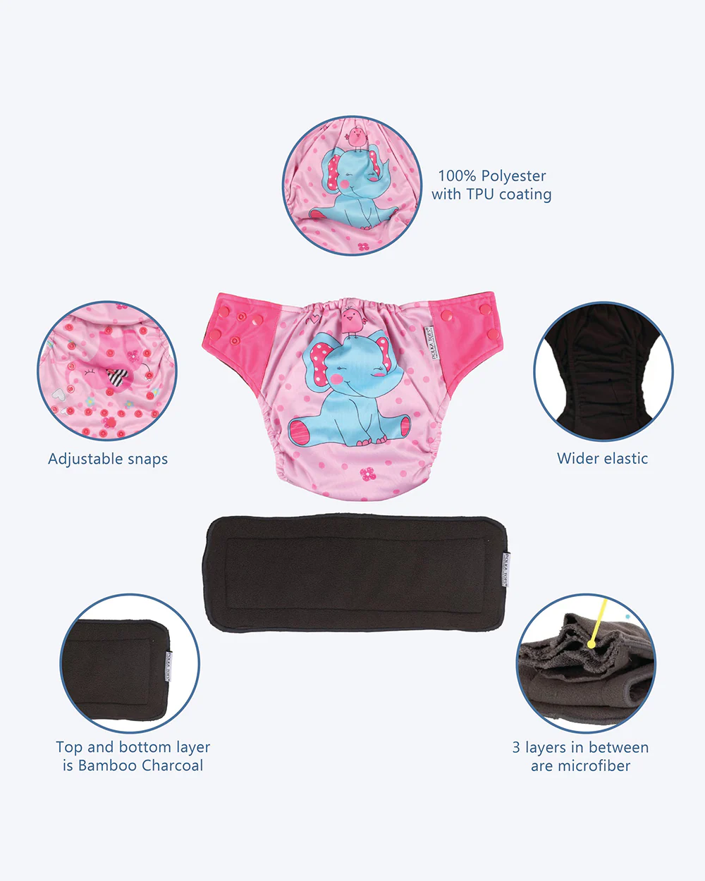 Polka Tots Elephant Bamboo Charcoal Cloth Diaper-Padded Underwear With Insert-Washable & Reusable-2 to 24M - Image 3