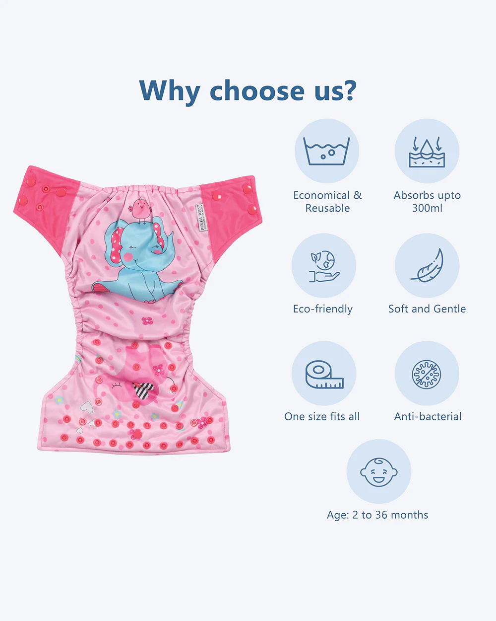 Polka Tots Elephant Bamboo Charcoal Cloth Diaper-Padded Underwear With Insert-Washable & Reusable-2 to 24M - Image 4
