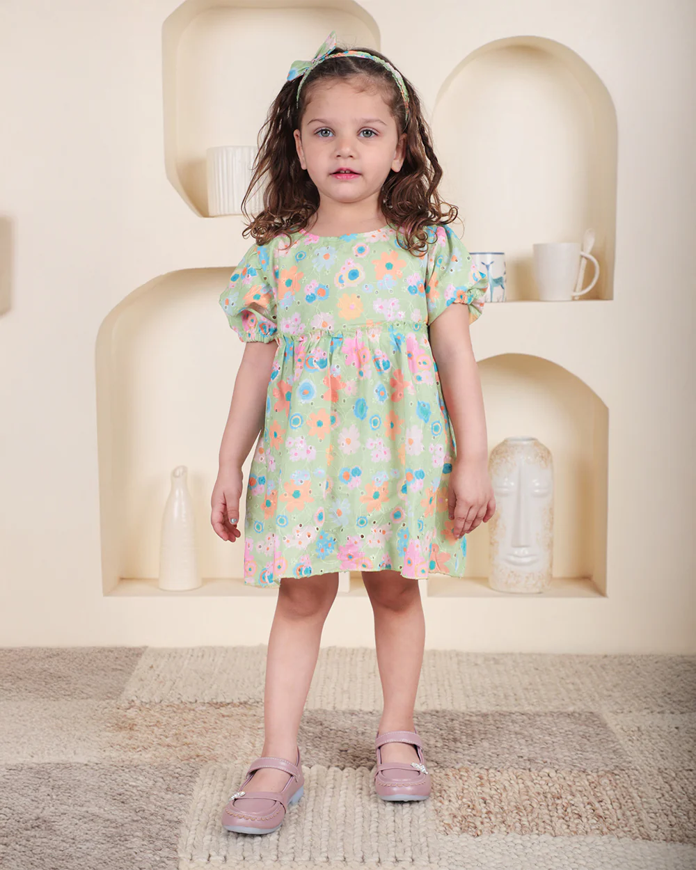 Polka Tots Green Frock with Headband-Floral Print-Cotton-For Infants