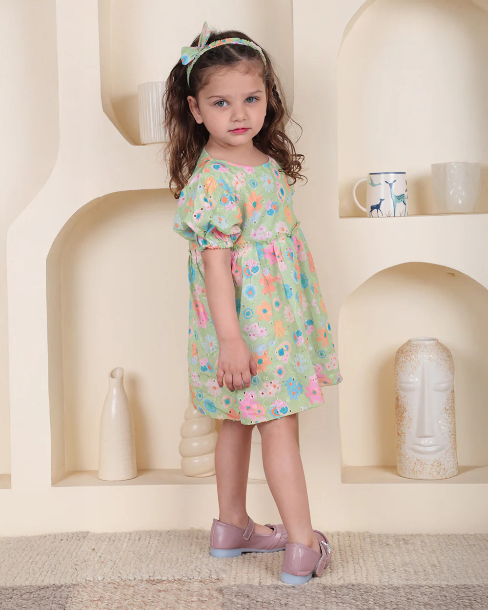 Polka Tots Green Frock with Headband-Floral Print-Cotton-For Infants - Image 3